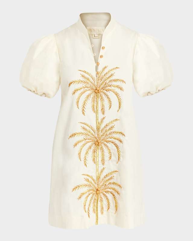 Elliana Puff-Sleeve Palm Tree Mini Dress